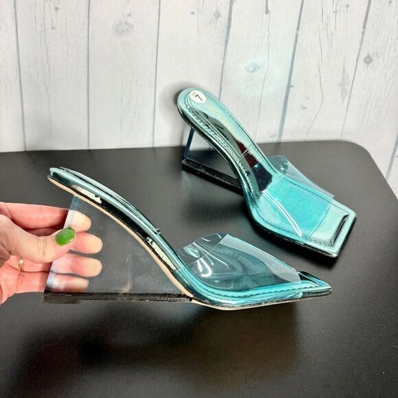 NEW Good American blue clear square toe lucite wedge slip on mule sandals size 7 - Picture 2 of 11